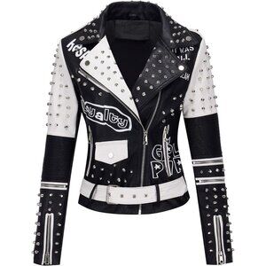 🆕 Women White Trendy Faux Leather Jacket Rivet Spring Winter Fashion Clothes